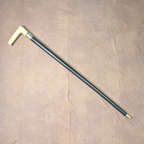 Circa 1900 British antique black shaft L-shaped antler handle walking stick 75cm